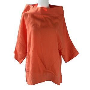 FRIDAZE Orange 100% Linen Relaxed Fit High Neck Top‎ Lagenlook Minimalist MEDIUM